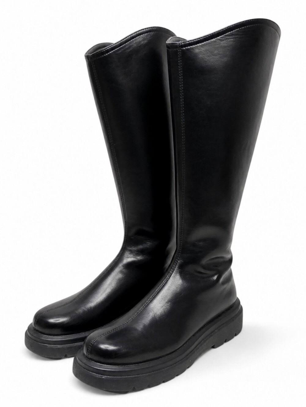 Black Leather Knee-High Platform Boots